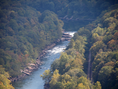 [At the far end of the photo the river comes around the bend and into view in a straight section down the image. There are rocks along the edge of the river and two sections have whitewater. On the right of the river is a section of trees then a paved roadway and then more trees. The left hillside is all trees.]